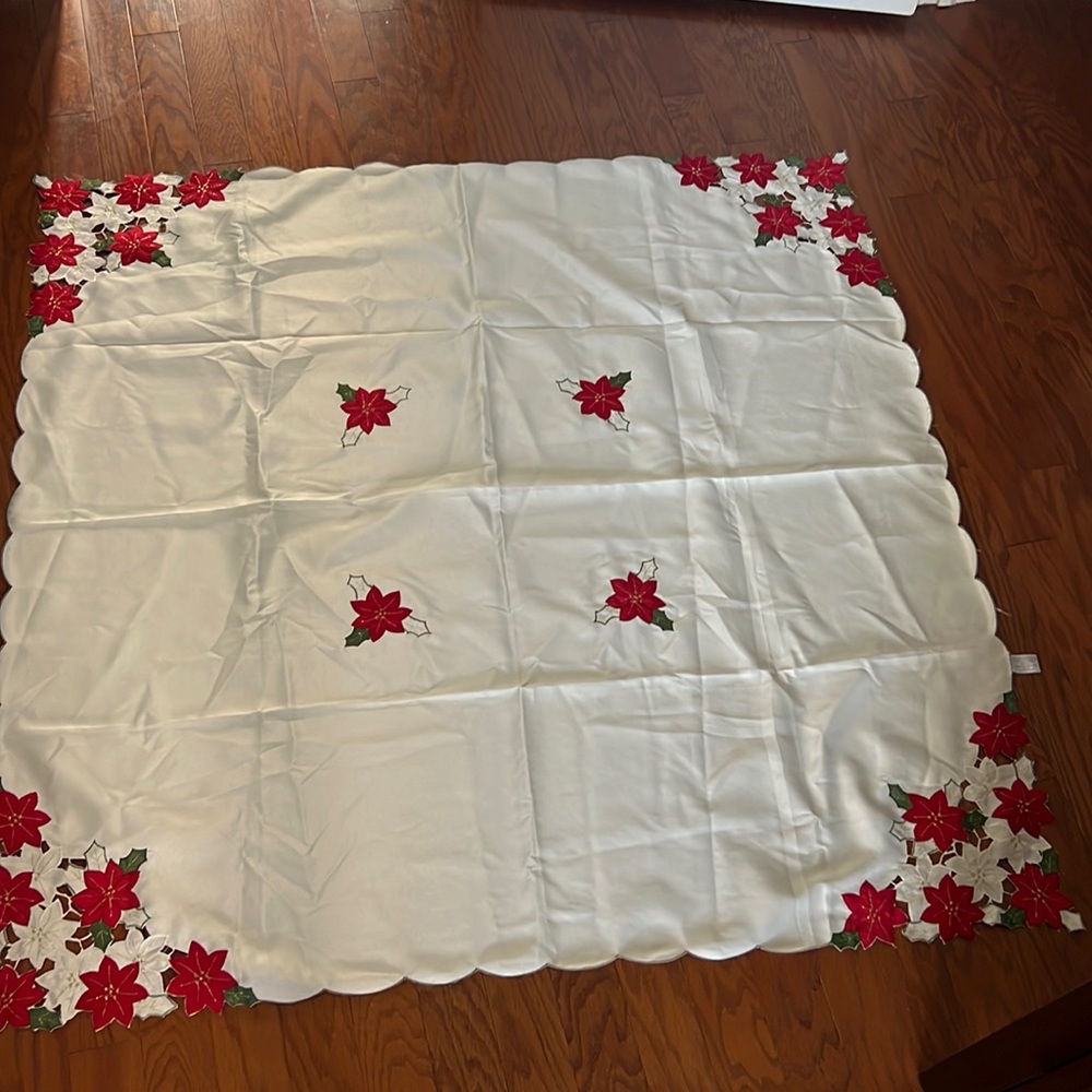 Poinsettia tablecloth 50 by 50 inches.  Super cute and perfect for Christmas.